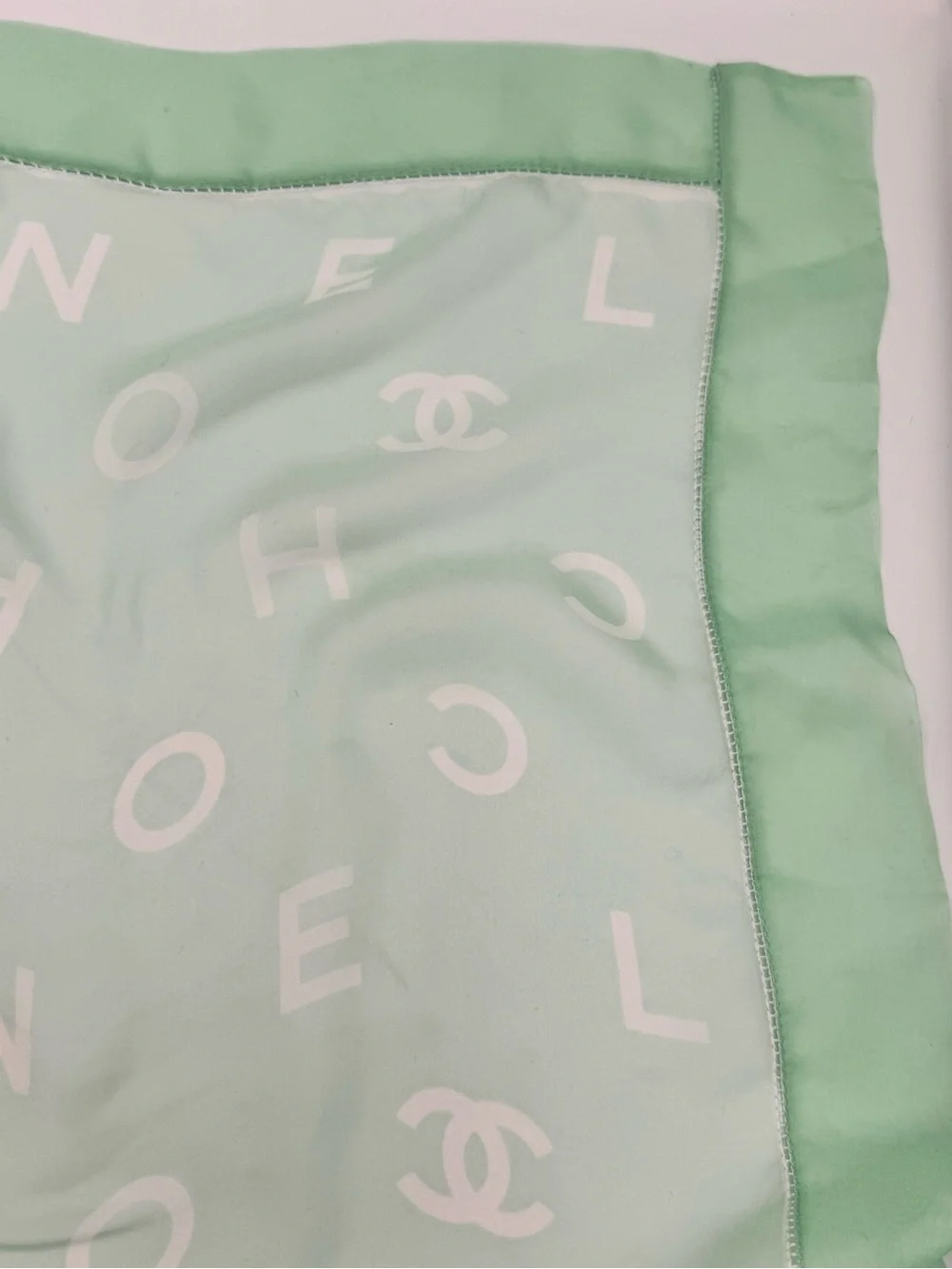 Vintage CHANEL 100% Silk Scarf Mint Green Logo CC Letter Print Made in Italy